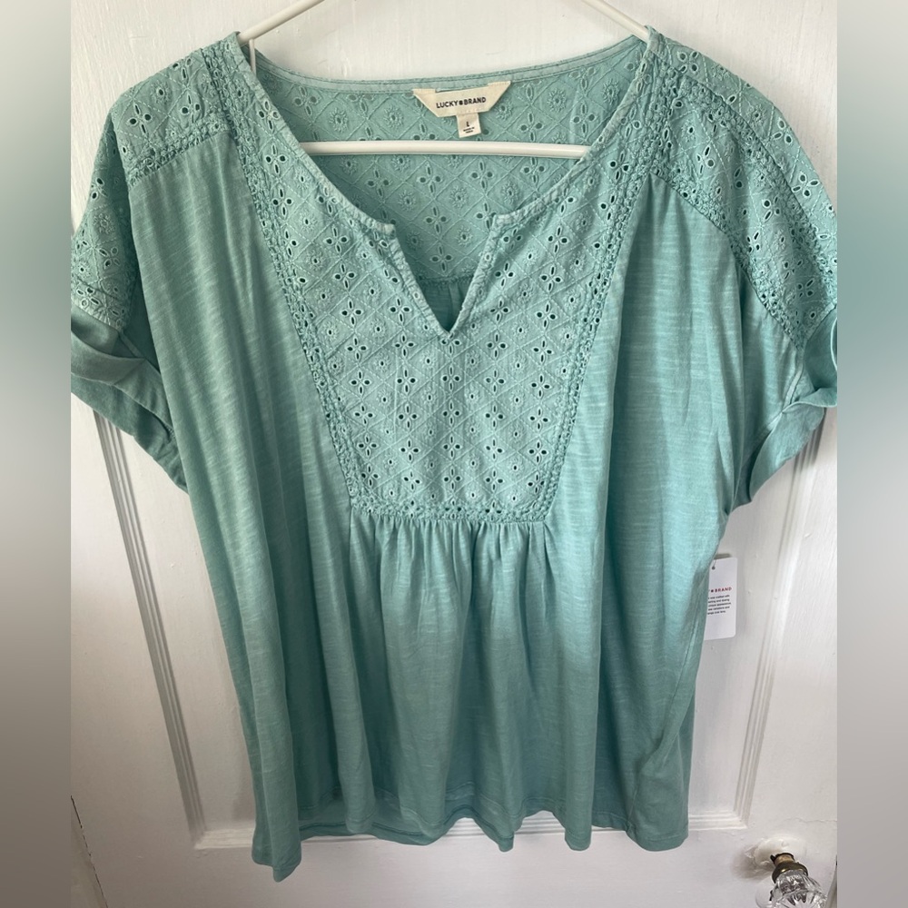 Lucky Brand size 16 women’s  Aqua Eyelet Yoke Short Sleeve Top. Never worn, tags